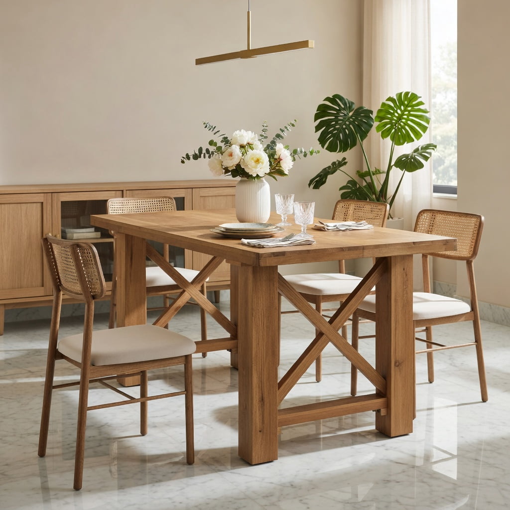 Hommoo 63 Inch Solid Fir Wood Dining Table with Herringbone Parquet Top, Rustic Farmhouse Rectangle Kitchen Table for 4-6 People, X-Frame Design, Natural
