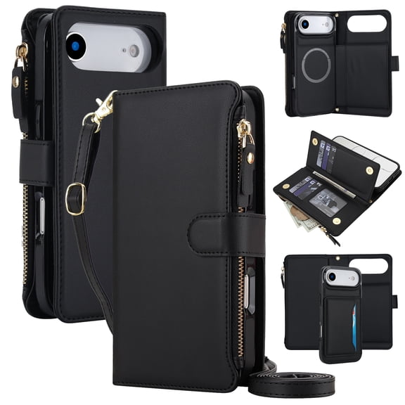 Dteck Magnetic Zipper Wallet Flip Case for Apple iPhone Air with Crossbody Shoulder Strap, Shockproof Multi-Function Detachable 2-in1 RFID Blocking Card Slot and Cash Slot Cover, Black