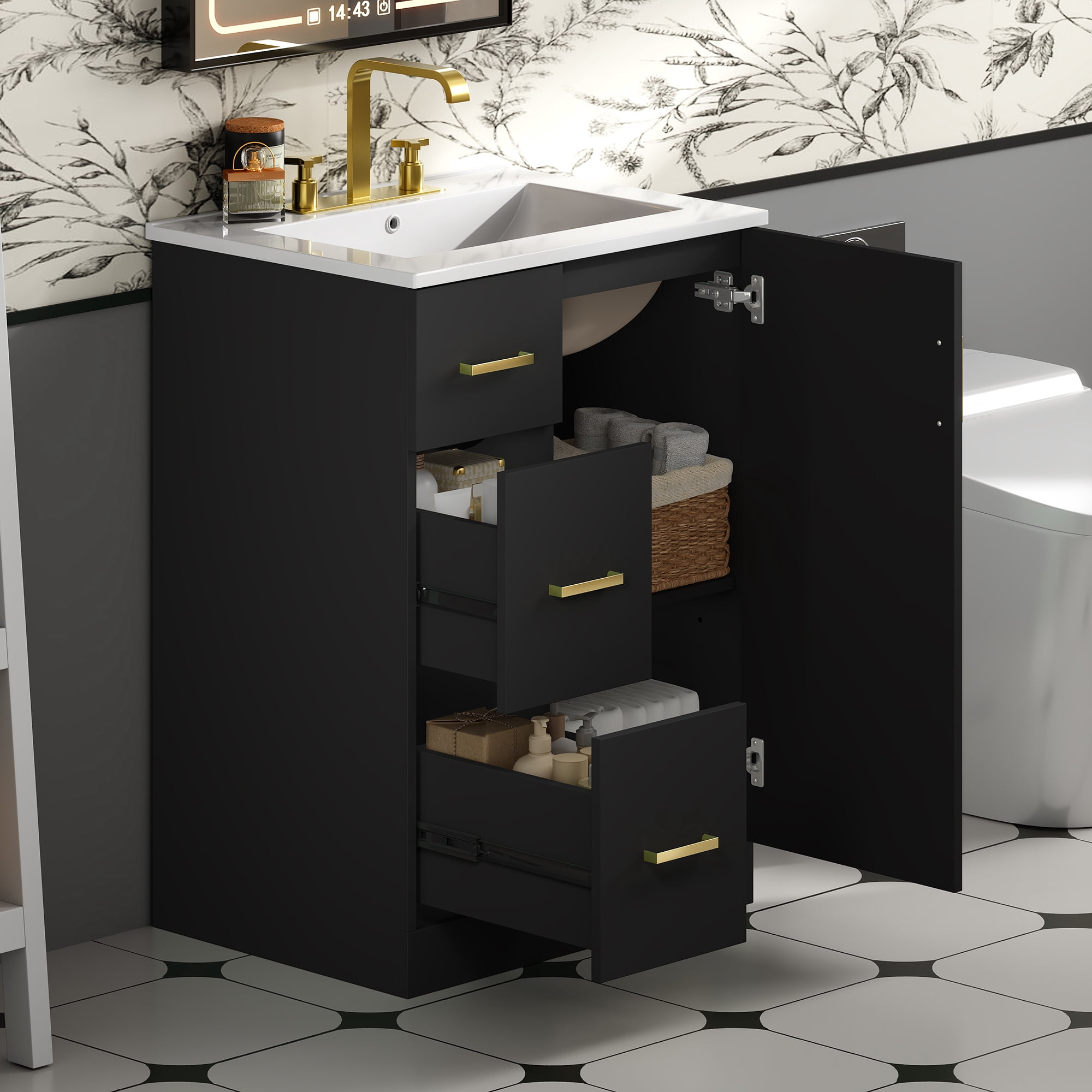 Euroco 24" Modern Bathroom Vanity with Sink, Small Bathroom Sink Cabinet with 2 Drawers and Soft-Closing Door, Under-mount Sink Bathroom Cabinet with Drawers