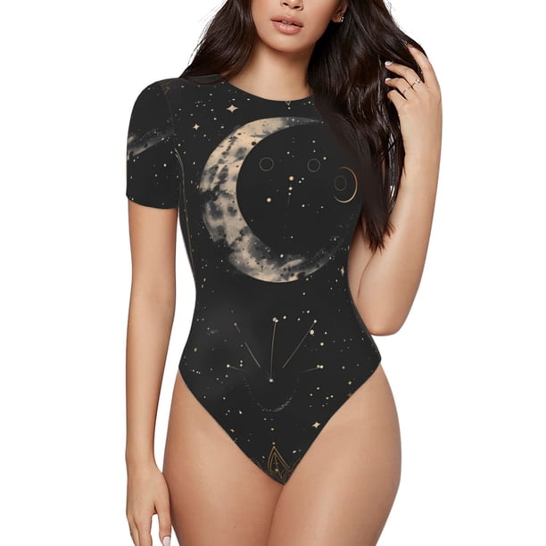 Balery Abstract Starry Sky Moon Body de cuello redondo de manga corta para mujer Tops de manga corta Tops básicos-Medium