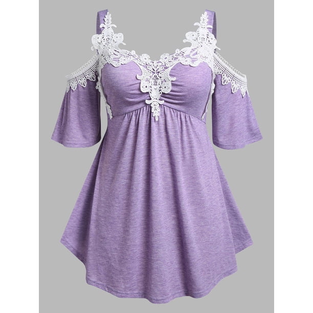 Camiseta Talla Extra Panel Encaje Hombros Descubiertos Rosegal Camisetas tallas grandes