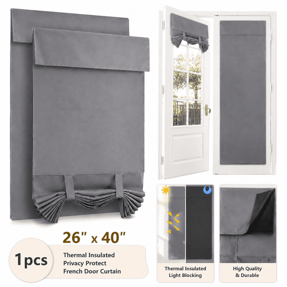 26" x 40" Privacy French Door Curtains, No-Punch Insulated Door Curtain, Thermal Insulated Tie Up Shade Window Covering for Bedroom, Patio, Gray