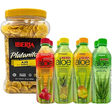 Iberia Garlic Plantain Chips, 20 Oz. + Iberia Aloe Vera Drink With Pure Aloe Pulp, Variety, (Pack Of 8)