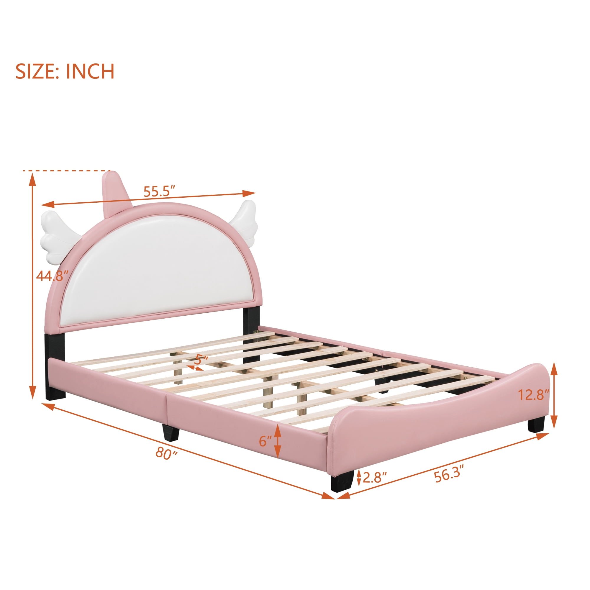 DEALTOPS Full Size Upholstered Bed with Unicorn Shape Headboard, Cute Platform Bed for Kids Teen, Pink