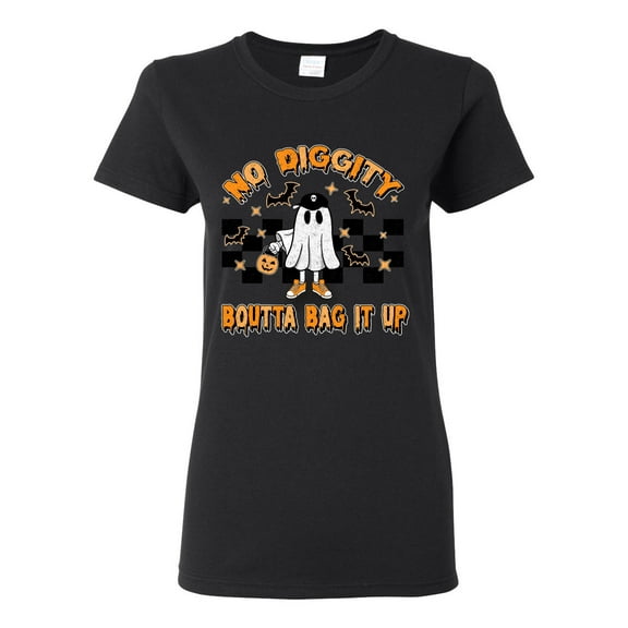 Wild Bobby No Diggity Boutta Bag it Up Ghost Bats Stars Pumpkin Halloween Orange and Black Halloween Women Graphic Tee, Black, Small