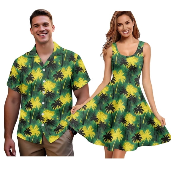 Jiueut Jamaica Flag Palm Tree Pattern Matchable Couple Hawaiian Men Button Down Aloha Shirt Womens Summer Dresses Sleeveless Tank Dress Casual Holiday Matching Outfit for Men Women, XS