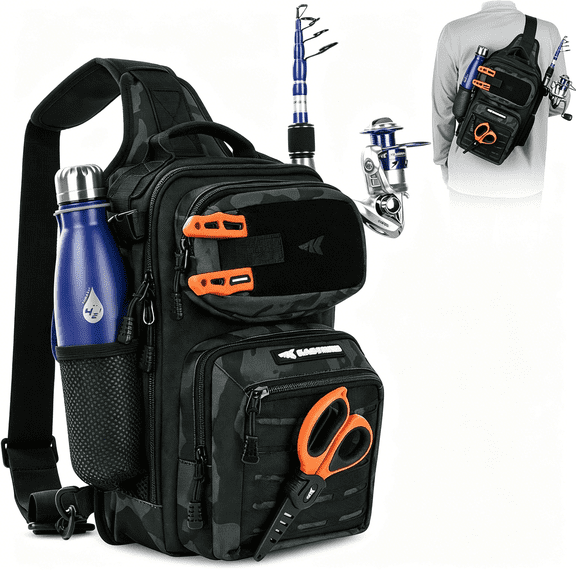 AUQ Sling Tackle Bag Lightweight Fishing Backpack, Waterproof Multi-Pocket Gear Storage for Camping & Hiking