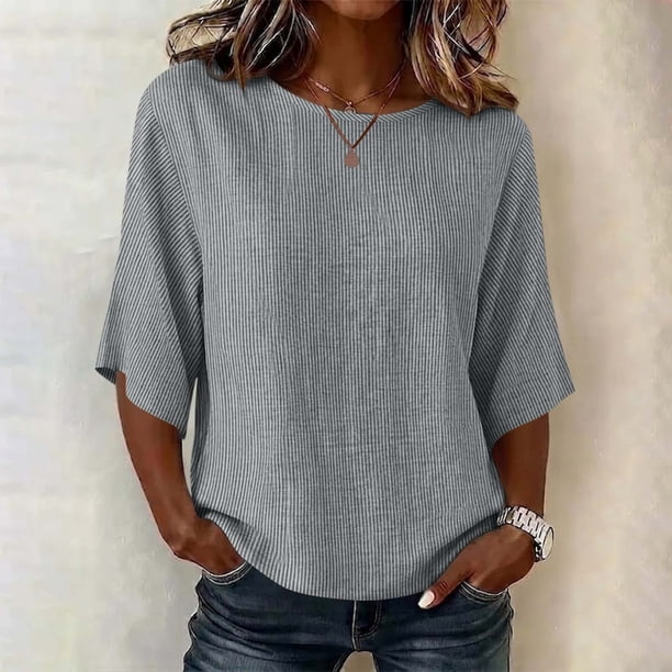 Neewe Women's Summer Casual Crewneck Half Sleeve T-Shirts Plain Loose Fit Cotton Linen Basic Tops Tees Blouses