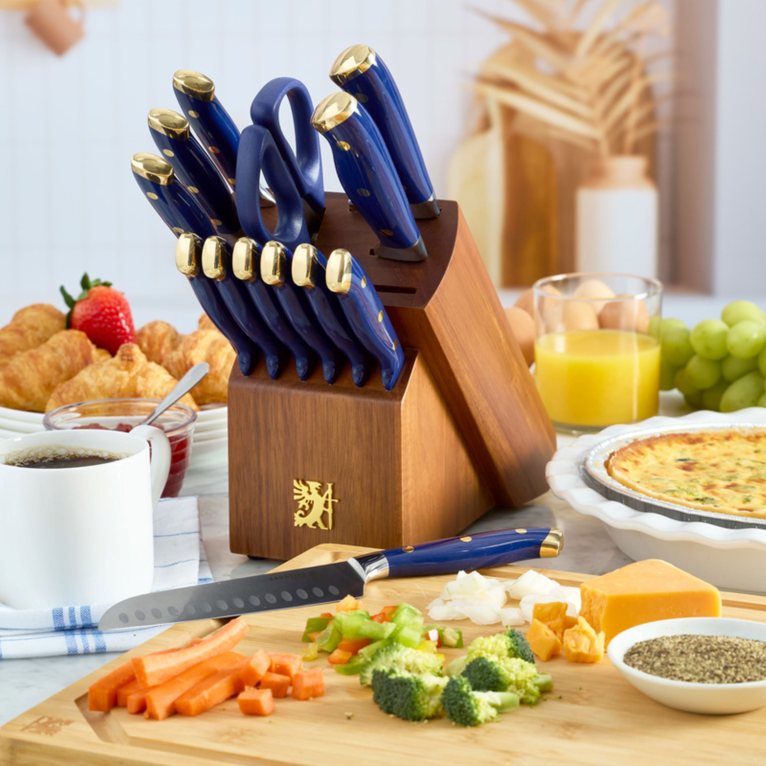 Sabatier 14 Piece Forged Triple Rivet Knife Block Set with Navy Handles and Brass Accents