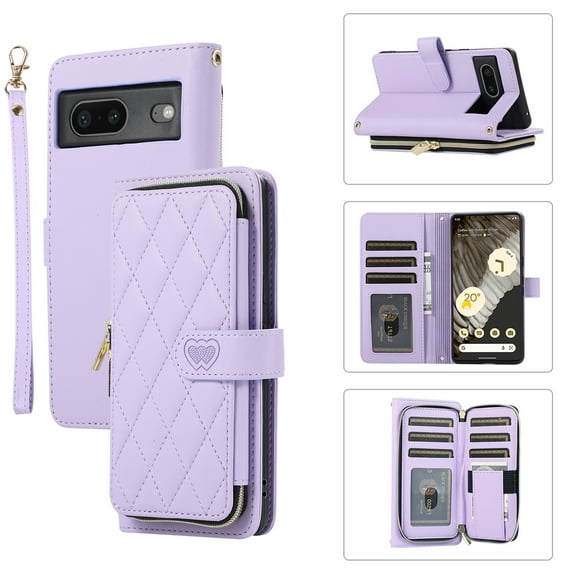 ELEHOLD Leather Wallet Case for Google Pixel 7 Pro with Zipper Card Wallet Pocket Magnetic Buckle Stand Function Detachable Crossbody Metal Chain Strap Lanyard Shockproof Case,purple