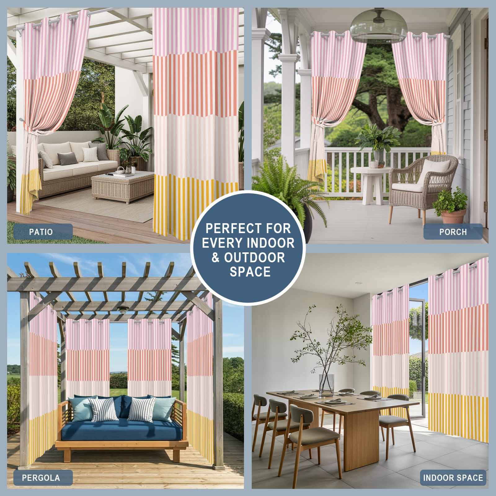 Colorful Stripe Outdoor Curtains for Patio Waterproof,Windproof Privacy Curtains with Weighted Bottom,Modern Pink Red Yellow Vertical Striped Outside Drapes for Picnic Garage Yard 54"x95" 2 Panel