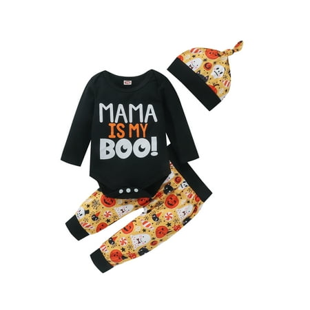 

TheFound 3PCS Infant Baby Girl Boy Halloween Clothes Pumpkin Print Romper and Long Pants with Hat Outfits