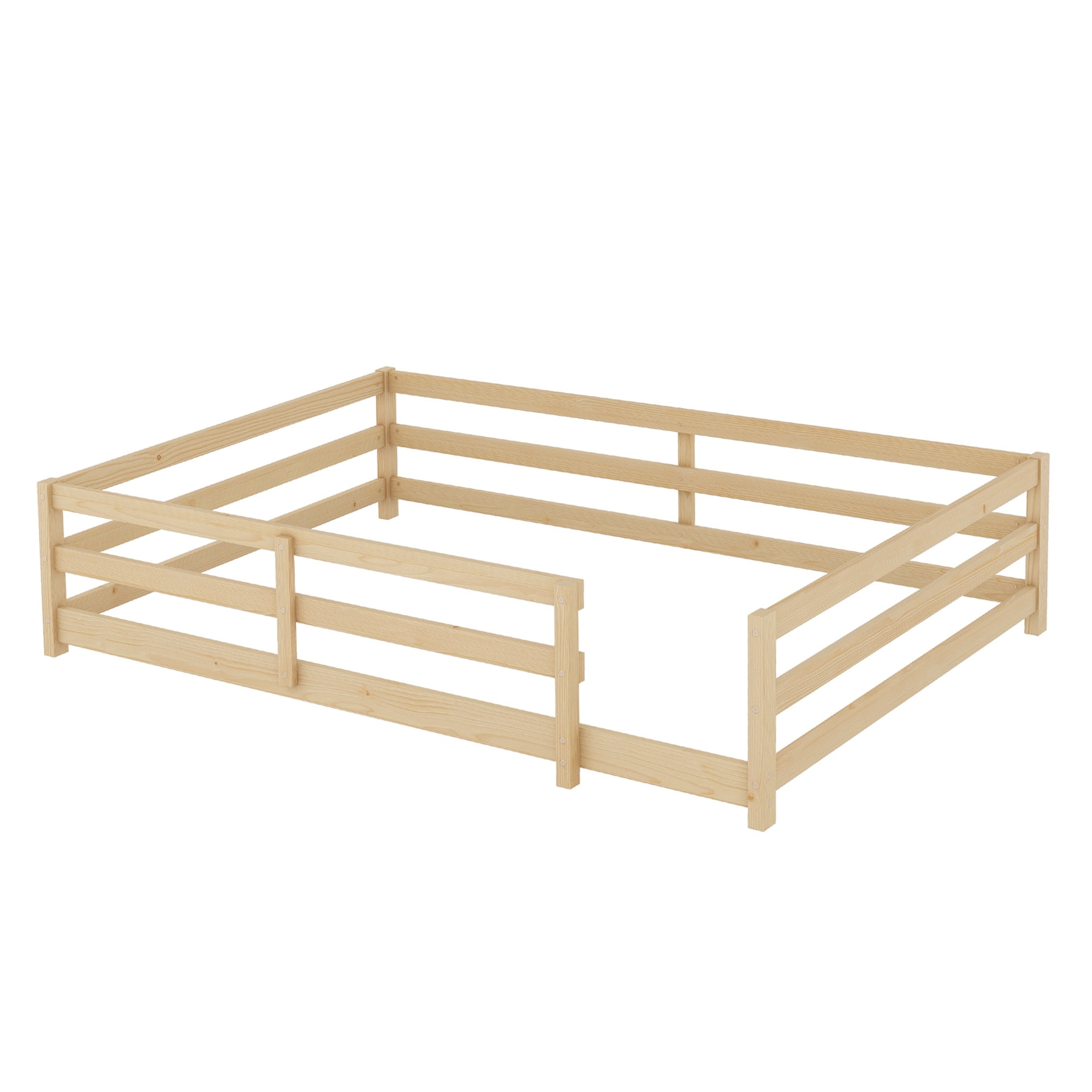 Sesslife Full Size Floor Bed with Door and Fence, Wood Full Floor Platform Bed with Slats, Full Montessori Bed for Boys Girls, No Box Spring Needed, Oak