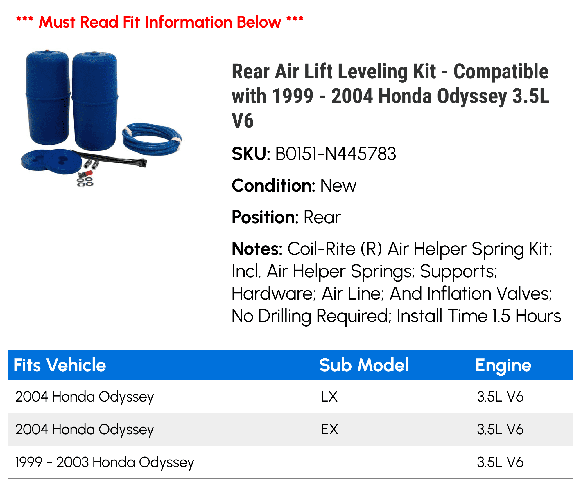 Rear Air Lift Leveling Kit - Compatible with 1999 - 2004 Honda Odyssey 3.5L V6 2000 2001 2002 2003
