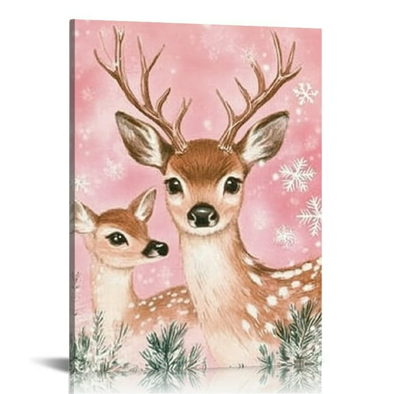 Creowell Deer Snowflakes Pink Canvas Prints Wall Art for Home Decor Living Room Bathroom Bedroom Office, Modern Artwork for Wall Decor 12x16in
