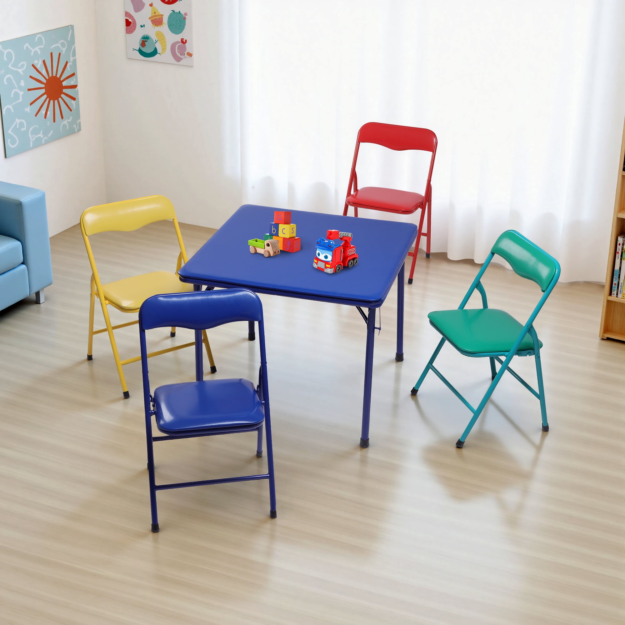 Colorful Kids Table and Chairs Set, Folding Metal Frame Activity Table with 4 Chairs, Compact & Space-Saving Playroom Furniture for Toddlers and Children