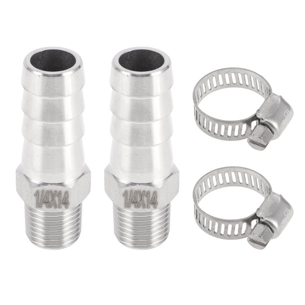 Accesorios de manguera Unique Bargains con 2 abrazaderas, accesorio de compresión de rosca macho para aire, agua, aceite, gas, combustible, acero inoxidable 35/64" OD 1/4" BSPT 1 juego tono plateado