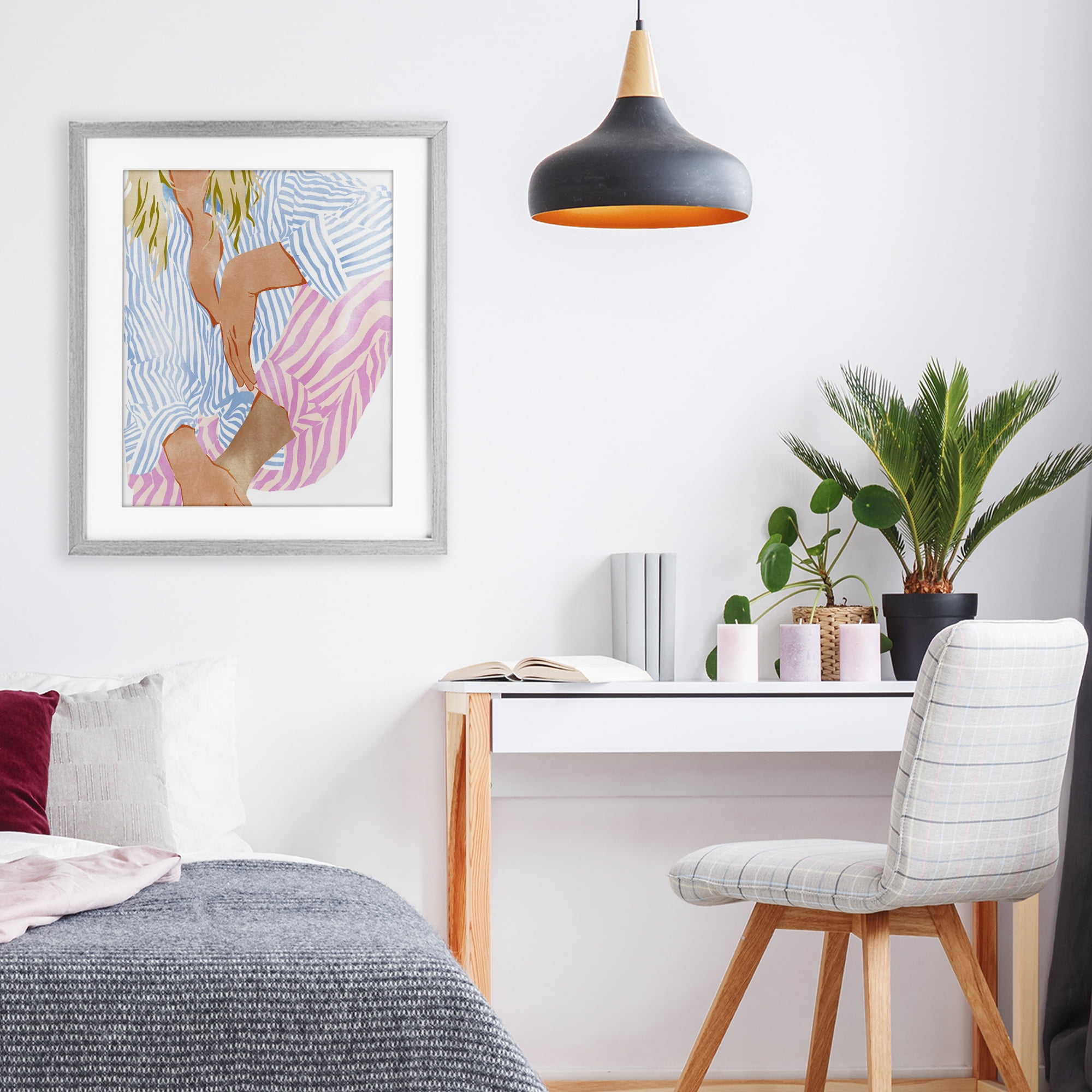 Woman in Pastel Stripes Gray Framed Print Under Glass, design by Ziwei Li