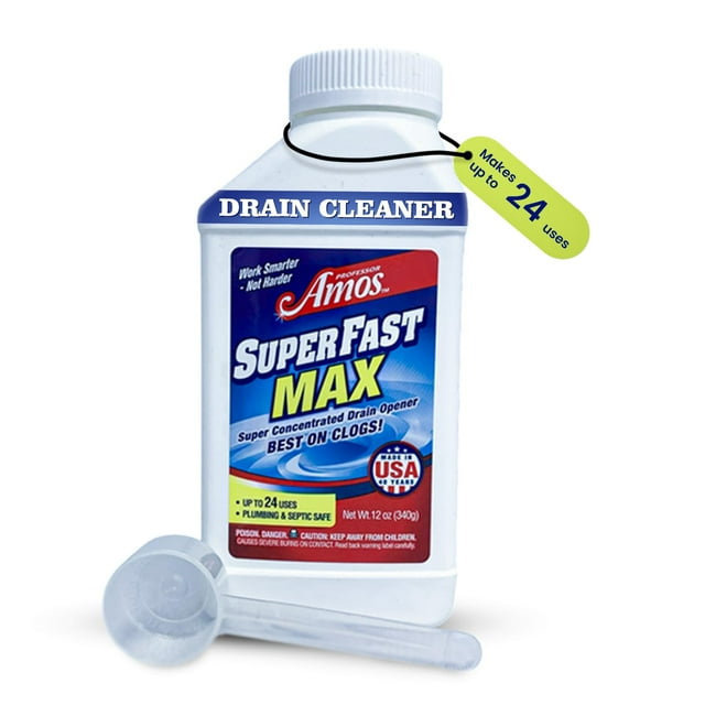 Professor Amos Super Fast MAX Drain Powder Powerful Drain Cleaner Effective Drain Maintenance for Kitchen Sink, Bathtub, Shower Drain, Laundry & Outdoor Sinks 12 oz