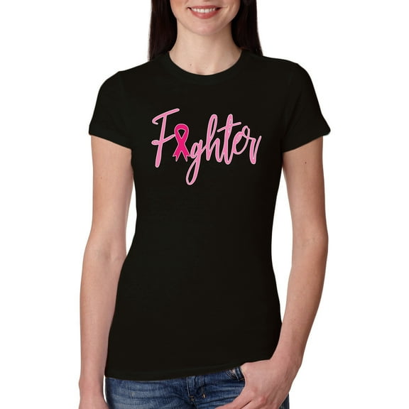 Wild Bobby, Fighter Breast Cancer Survivor, Breast Cancer Awareness, Women Slim Fit Junior Tee, Black, Small