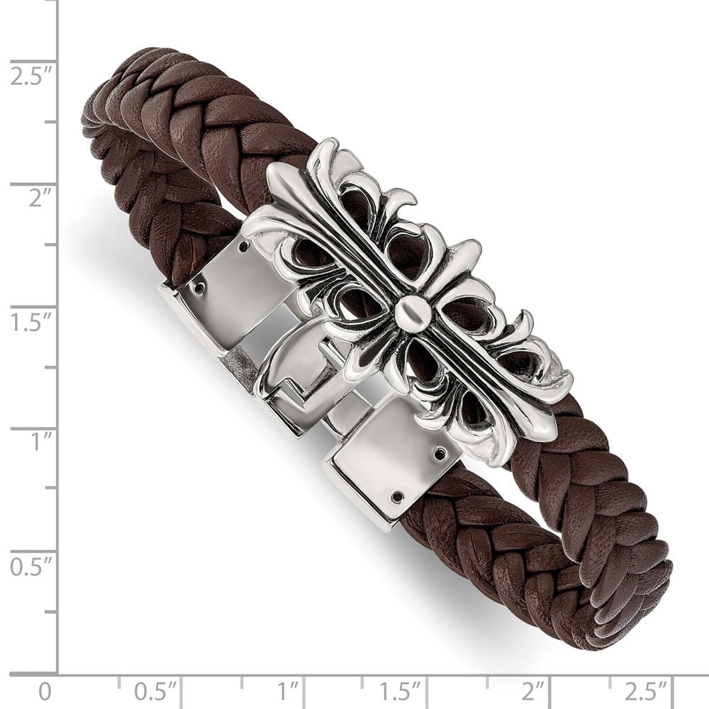 Diamond2Deal Stainless Steel Antiqued and Polished Cross Braided Brown Leather Bracelet for Men 8.5"