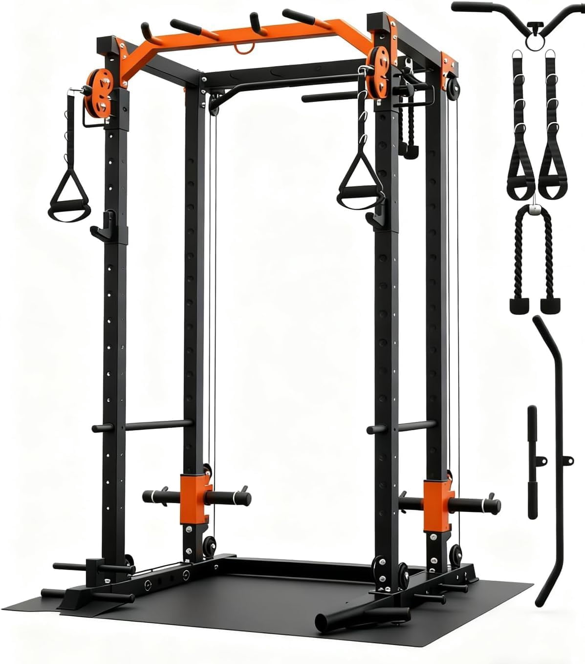 Memoryfield Power Cage with Cable Crossover System, 2000 lbs Capacity Power Rack with LAT Pulldown, Multi-Function Workout Cage with Pulley System for Strength Training, Orange