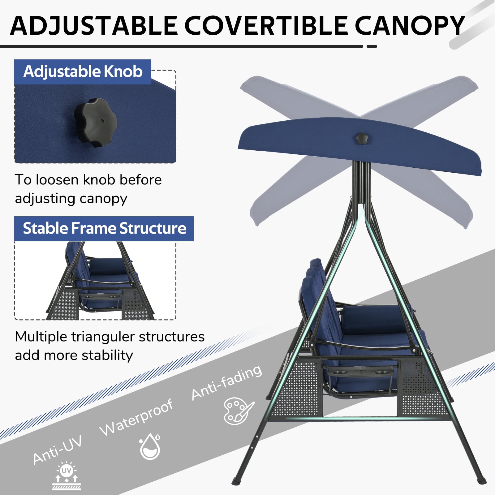 AECOJOY Steel Outdoor Patio Canopy Steel Porch Swing Chair, Dark Blue