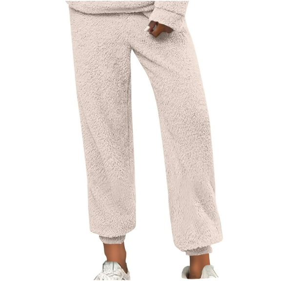 GA WEIHUA Fuzzy Pajama Pants for Women Winter Warm Cinch Bottom Sweatpants Causal High Waisted Comfy Pjs Pants(Beige,XXXL)