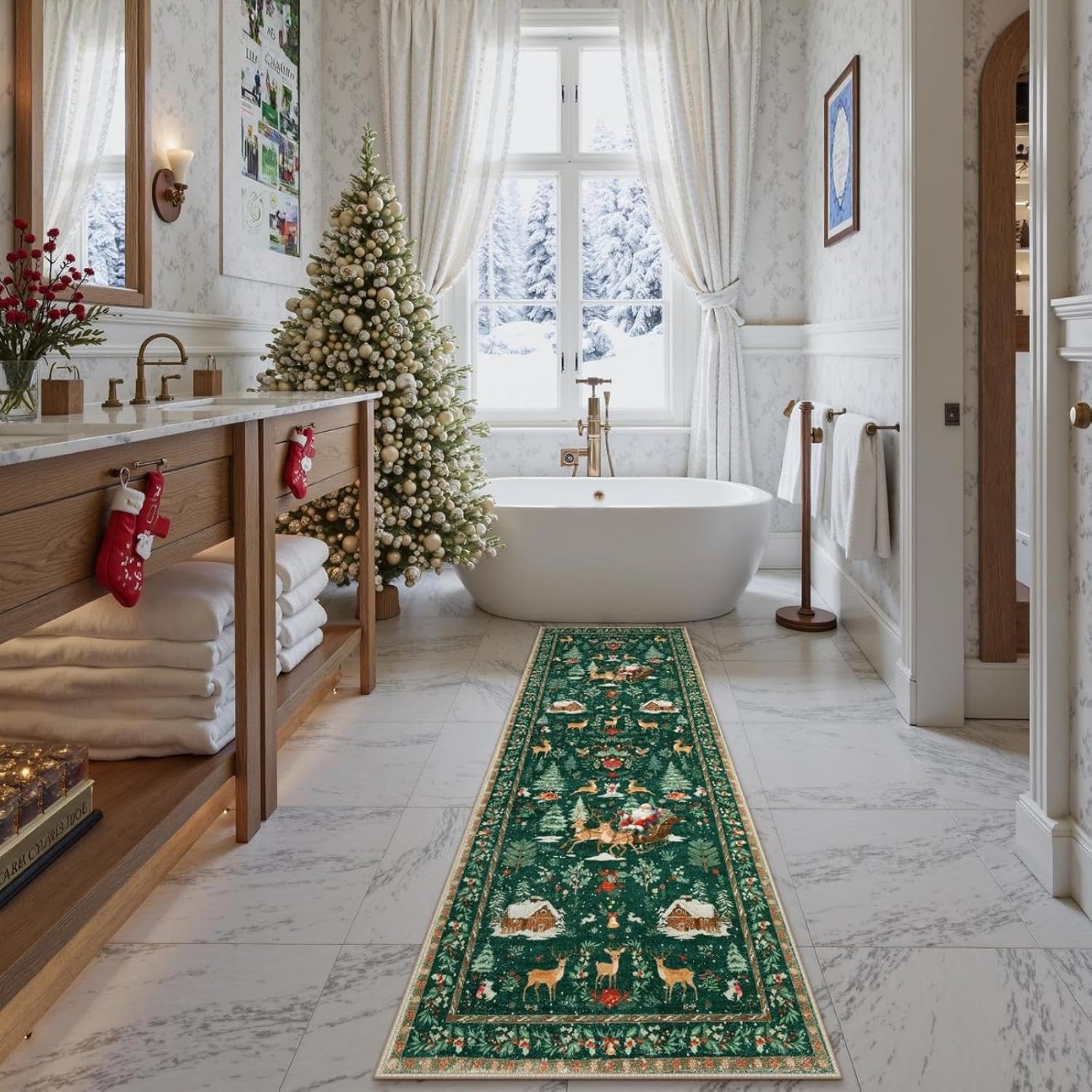 Lahome Christmas Rug,2'x6'Christmas Runner Rug,Holiday Machine Washable Non Slip Christmas Xmas Decoration Kitchen Rug Mat,Indoor Christmas Carpets for Living Room,Snowflake Rug,Green