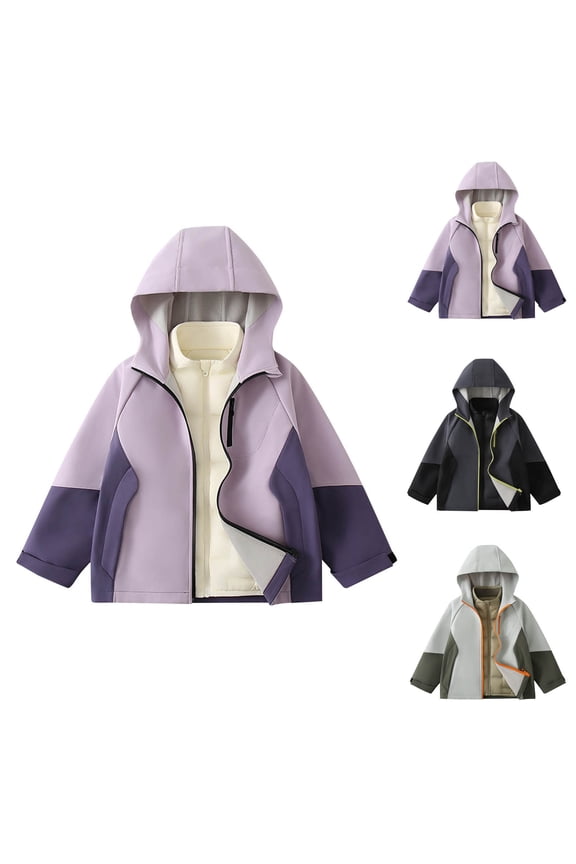 Kid's 3 in 1 Insulated Softshell Jacket with Zipper Soft Fleece Lined Jackets Casual Color Block Hood Coat for Outdoor 3-15Y