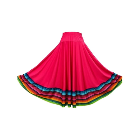 iEFiEL Women's Colorful Stripe Hem Long Circle Folklorico Belly Dance Skirt for Mexican Flamenco Hot Pink 75cm 5XL