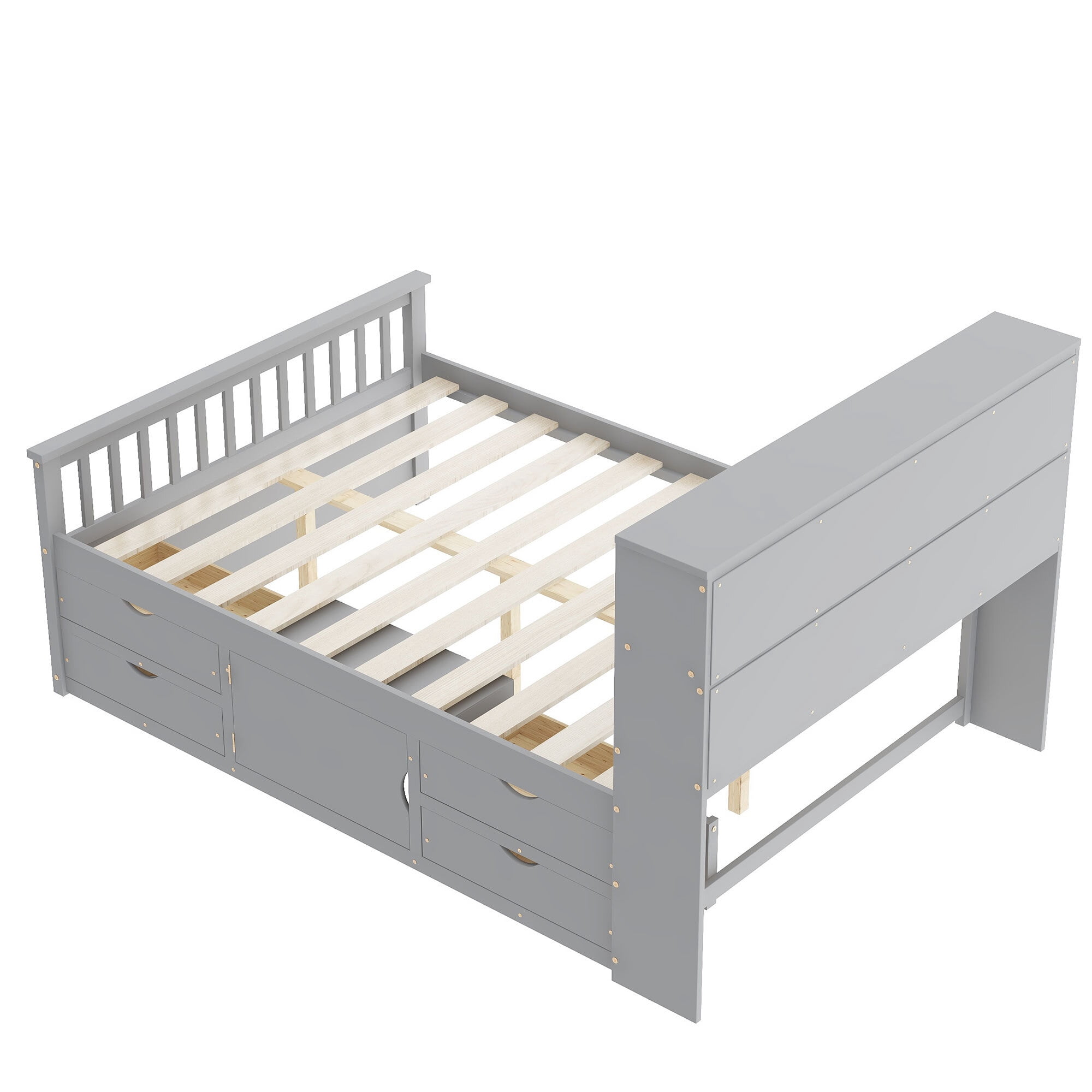 Euroco Wood Full Size Platform Bed with Storage Headboard, Captain Bed with 4 Drawers, Bookcase and Cabinets, Gray