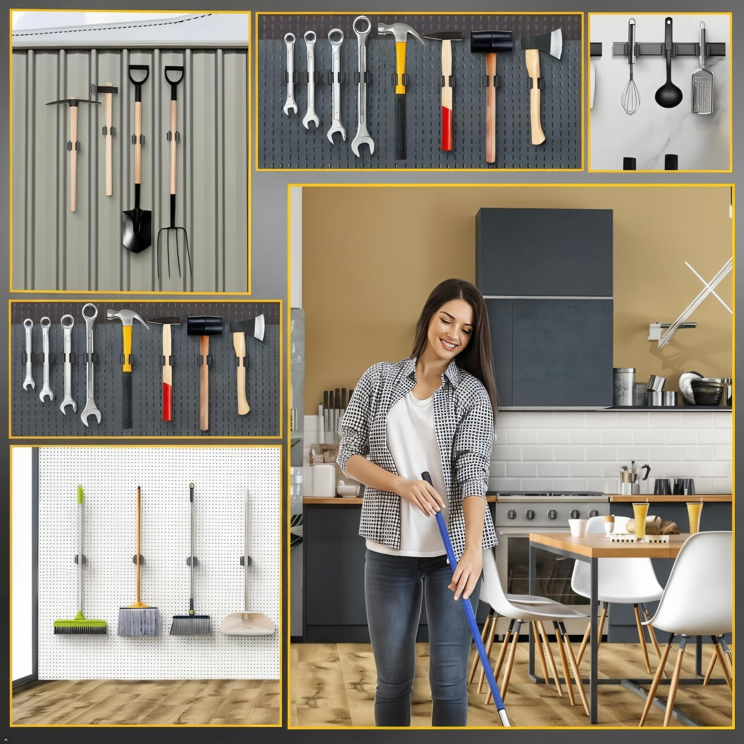 2 Pack Magnetic Broom and Mop Holder Wall Mount, Space-Saving Heavy Duty No Drill Over The Door Gripper for Work Garage Laundry Kitchen RV Camper Organizer