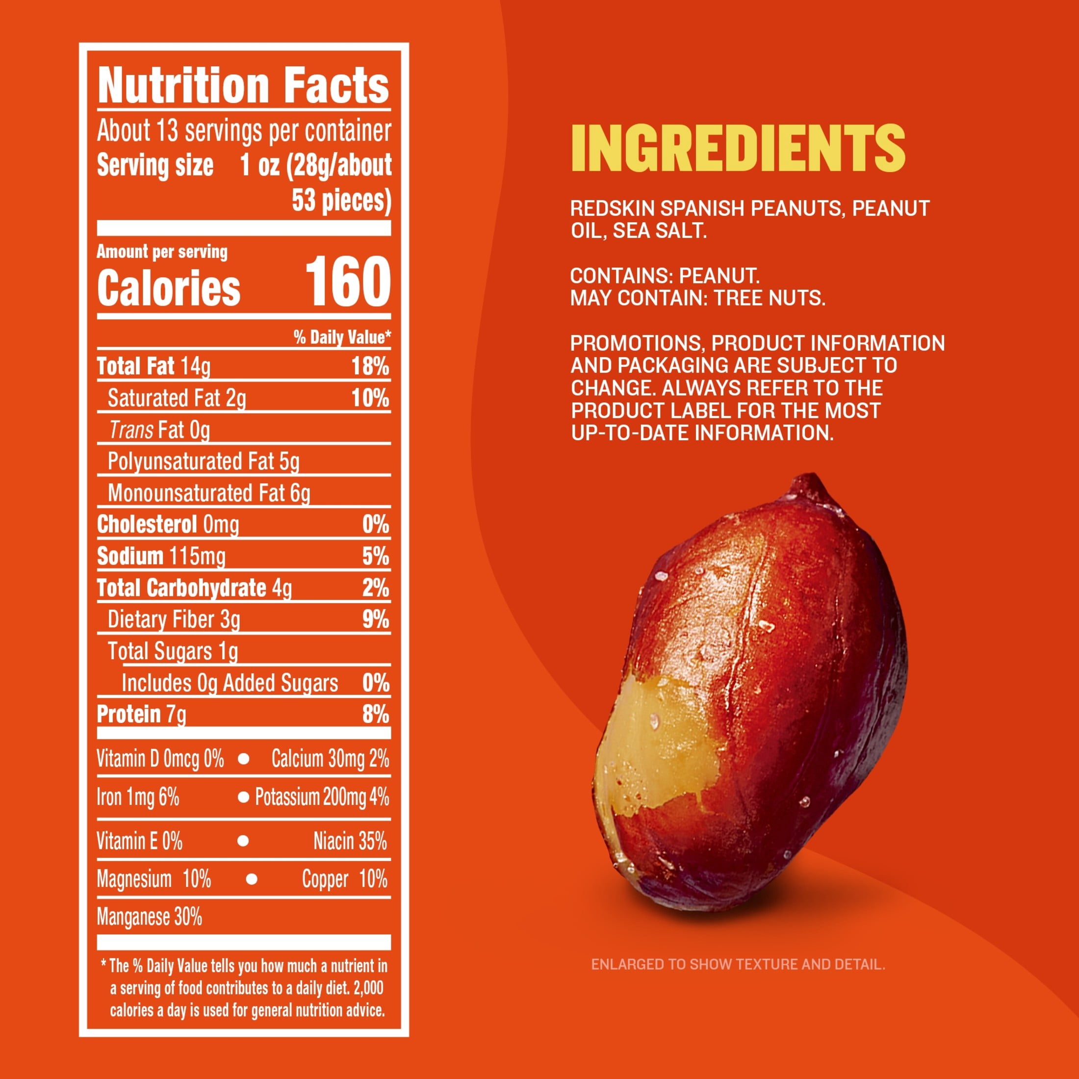 Planters Spanish Salted Peanuts with Redskins, 7g Protein (8% DV) per serving, Plant Based Protein Snacks for Adults, 12.5 oz Resealable Canister