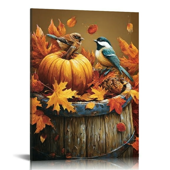 GooTPa Autumn Harvest Canvas Wall Art, Birds on a Rustic Barrel with Pumpkins Canvas Prints Wall Art for Living Room Bathroom Bedroom Office, Art Print Painting for Home Decorations - 12x16in
