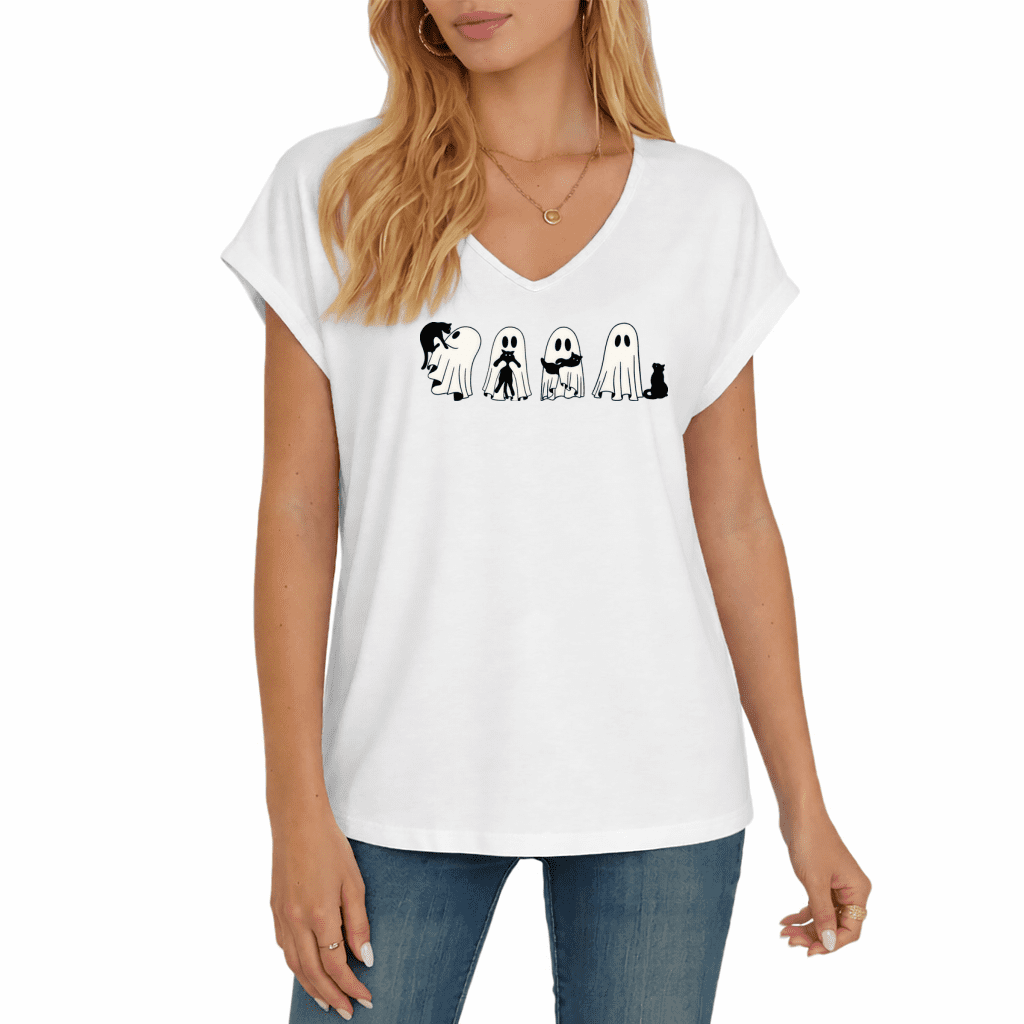 Cozymy Women s Halloween Ghost Cat Graphic Tee V-Neck Short Sleeve Fashion Top