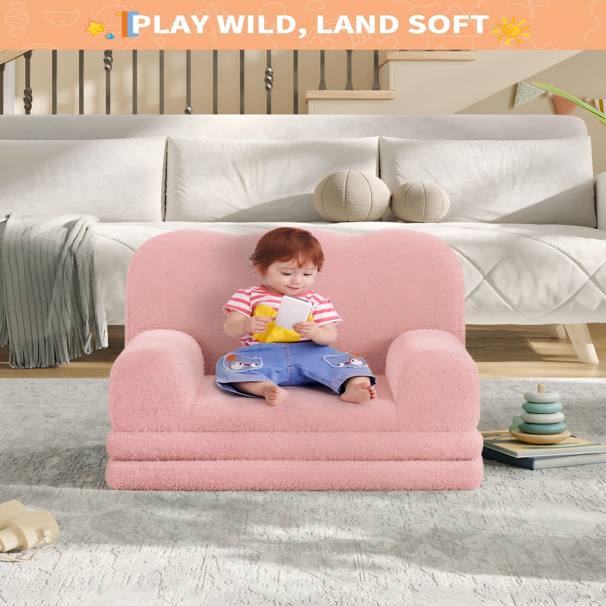 COZONY 2-in-1 Kids Couch, Convertible Toddler Sofa Chair, Fold-Out Teddy Fleece Lounger, Kid’s Sofa Bed