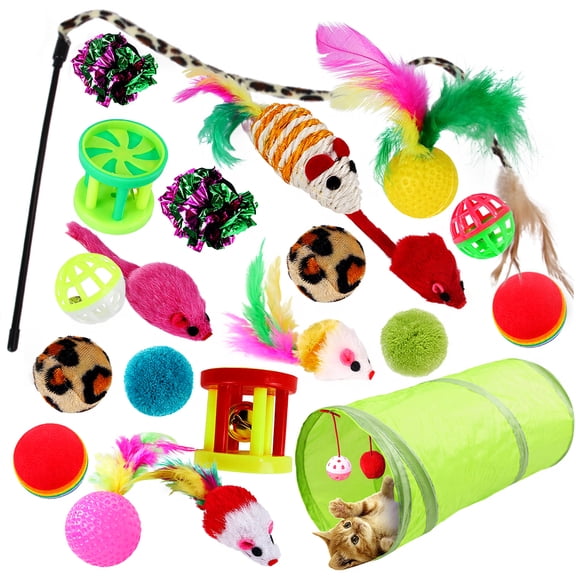 CISILOV 21 Pcs Cat Toys for Indoor Cats, Collapsible Cat Tunnel, Feather Wand, Crinkle Balls, Mice Cat Toy Assorted Variety Kit for Kitten Play Interactive Cat Toy Set
