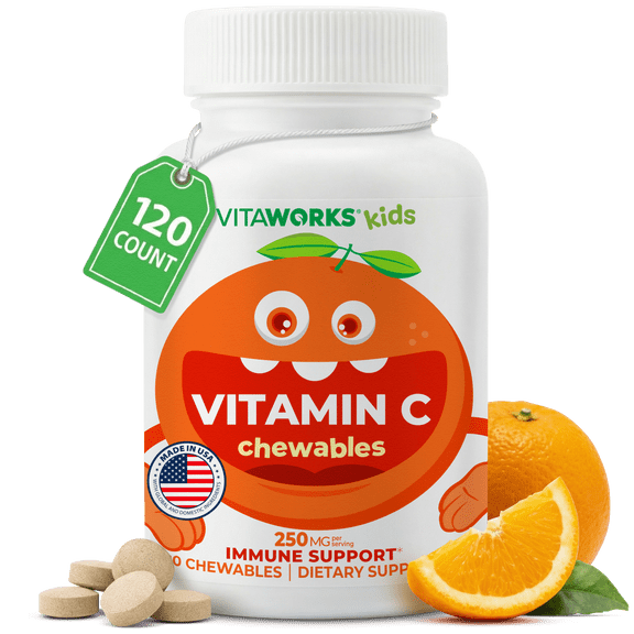 VitaWorks Kids Vitamin C Chewable Tablets | 250 mg | Great Tasting, Orange Flavor | Vegan, non GMO | For Immune Support | For Children | 120 Chewables