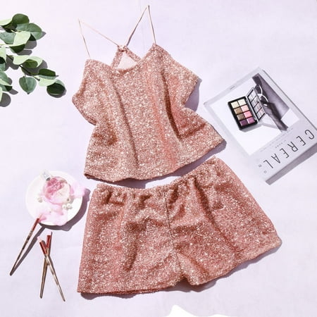 

Qcmgmg 2 Pack Sleepwear Lace Cami And Shorts Pajamas Set Solid Color Nightgown Sexy Sequins Pjs for Women