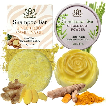 Ginger Root Shampoo Bar and Conditioner Bar for Hair Growth Handmade in USA Natural and Safe by Relaxcation