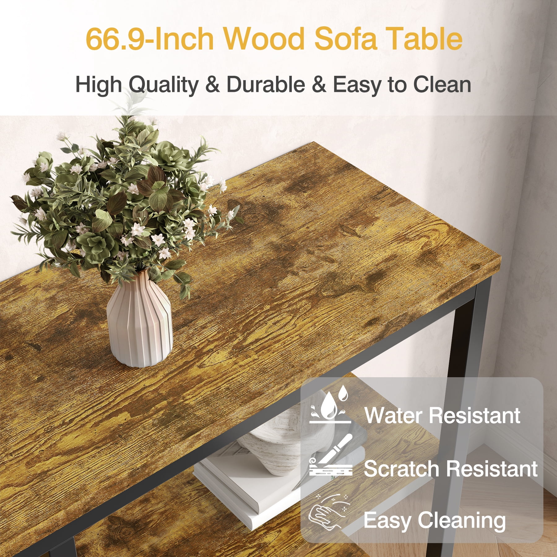 Tarnorci 66.9" Sofa Console Table, Extra Long Narrow Entryway Tables with 3 Tier Storage Shelves
