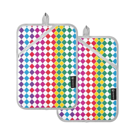 Rainbow Harlequin Squares Oven Mitts 2 Pcs Pot Holders Sets Heat Resistant for Kitchen Cooking Baking 7"x9.8"