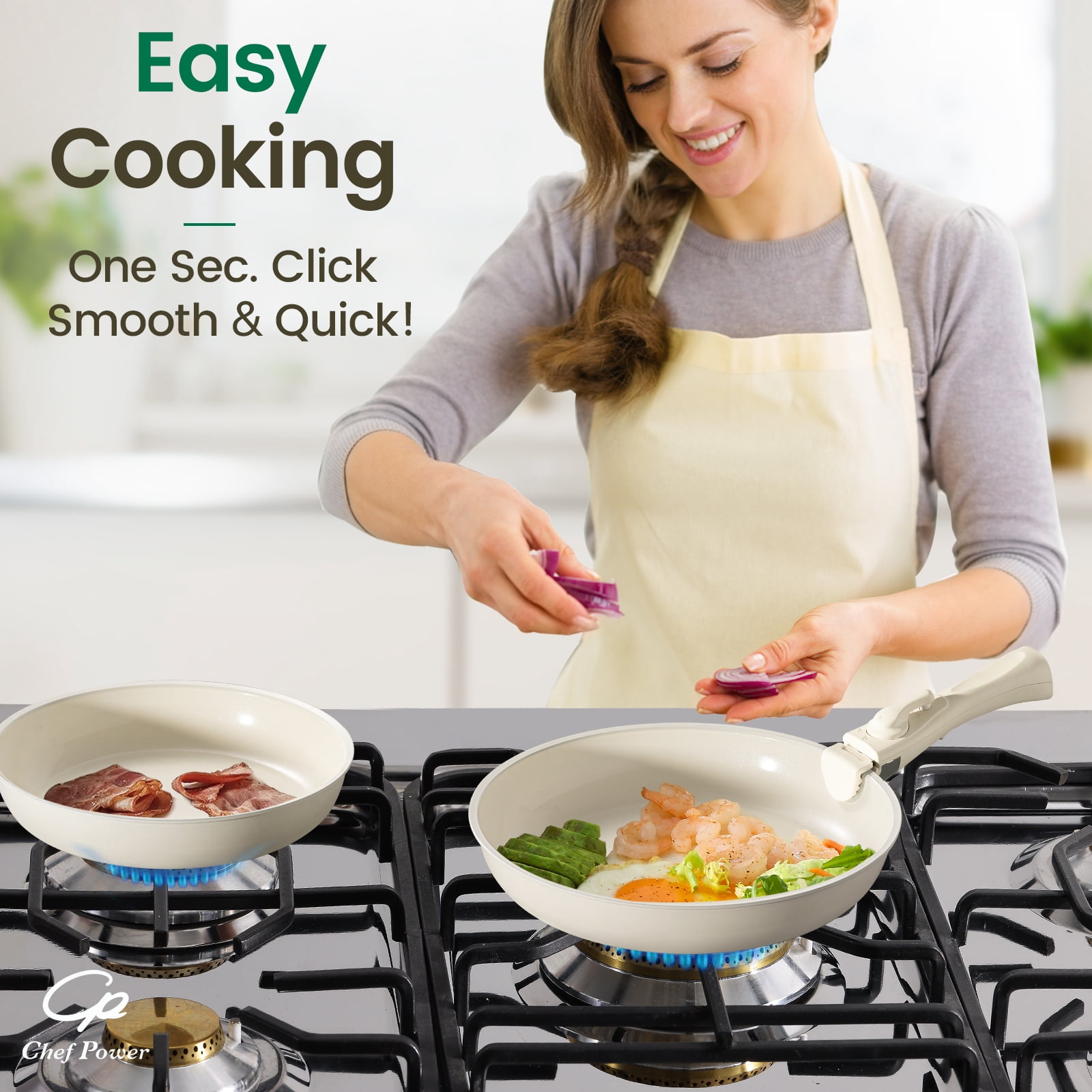Chef Power 5pcs Pots and Pans Set, Nonstick Cookware Set, Ceramic Pan, Detachable Handle, RV Cookware Set, Induction Pan, Dishwasher, Oven Safe, Cream White