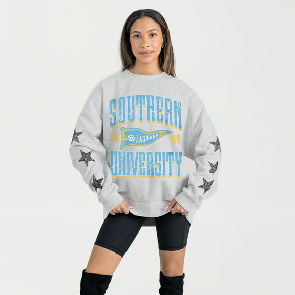 Women's Gameday Couture Ash Southern University Jaguars Oversized Pennant Pride Rhinestone Star Sleeve Sweatshirt