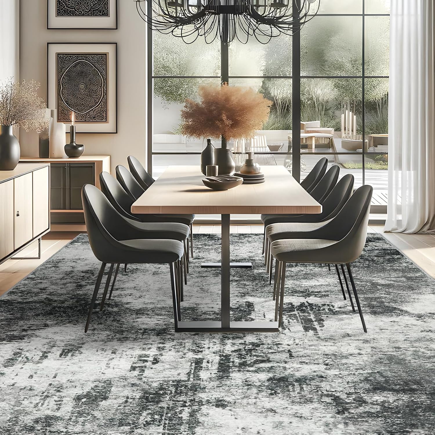 RUUGME 10X14 Abstract Area Rug:Large Washable Living Room Rug Indoor Non Slip Low Pile Carpet for Bedroom Soft Foldable Stain Resistant Distressed Thin Rug for Dining Room Kitchen 10X14 Black A