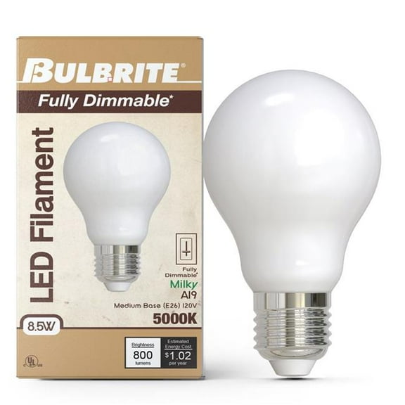 Bulbrite 862072 8.5W Dimmable A19 Shape 5000K Filament LED Bulb, Milky - Pack of 4