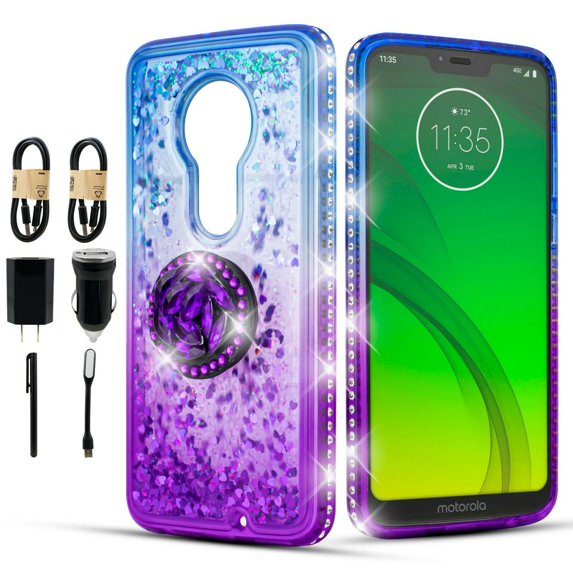 Value Pack ! for Moto G7/ G7 Plus/ T-Mobile Revvlry+ Plus Liquid Glitter +Full Glass Finger Grip Bling Cute Woman Girl Case Phone Case Silicone PU Shock Bumper Scratch Guard Skin Wrap Slim Cover