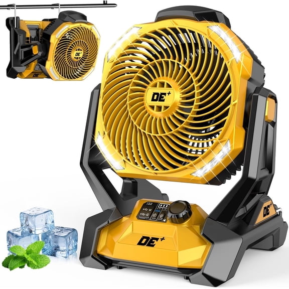 Battery Powered Fan for Dewalt 20V Battery, 586 CFM Variable Speed, Jobsite Fan w/180° Oscillation, 4H Timer & LED Light Table Fan, Hook for Hanging Portable Fan, Camping Fans for Tents,TOOL ONLY