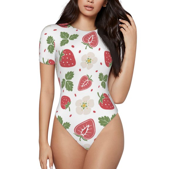 Haiem Strawberry Women's Crew Neck Short Sleeve Bodysuit Tops Stretchy Slim Basic-Medium